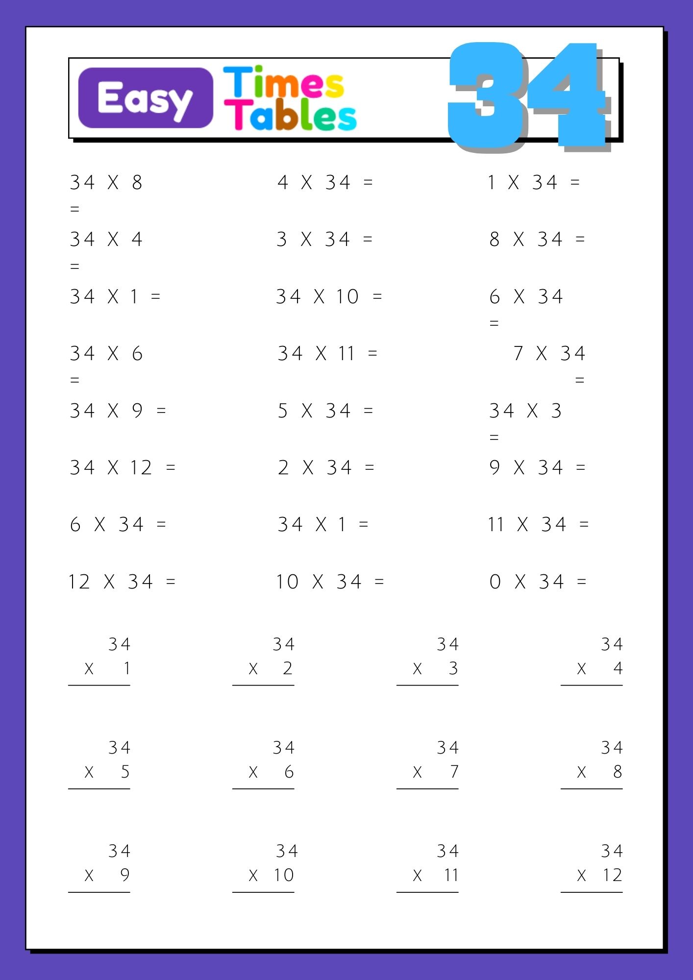34 times table multiplication table of 34 for children